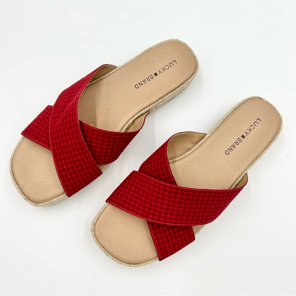 Lucky Brand Gayte Red Gingham Slide Flat Platform Y2K Slide Sandal Size 10 EUC - Picture 1 of 9